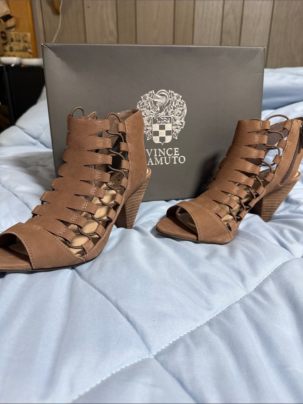 Vince Camuto Brown Ladder-Style Peep Toe Block Heels